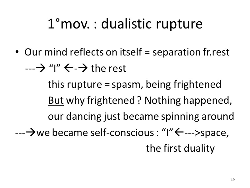 1°mov. : dualistic rupture Our mind reflects on itself = separation fr.rest 1°mov. : dualistic rupture Our mind reflects on itself = separation fr.rest